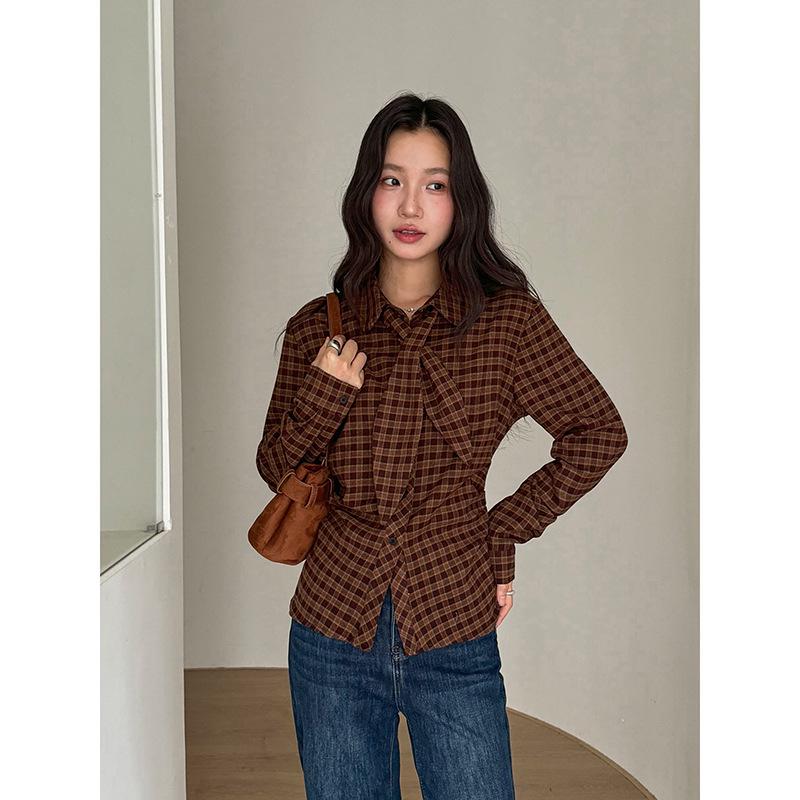 Flin Magazine Rabbit Ear Tie: Ge Ming Retro Pleated Plaid Women s Winter Shirt T1023F M (115-135 cm)