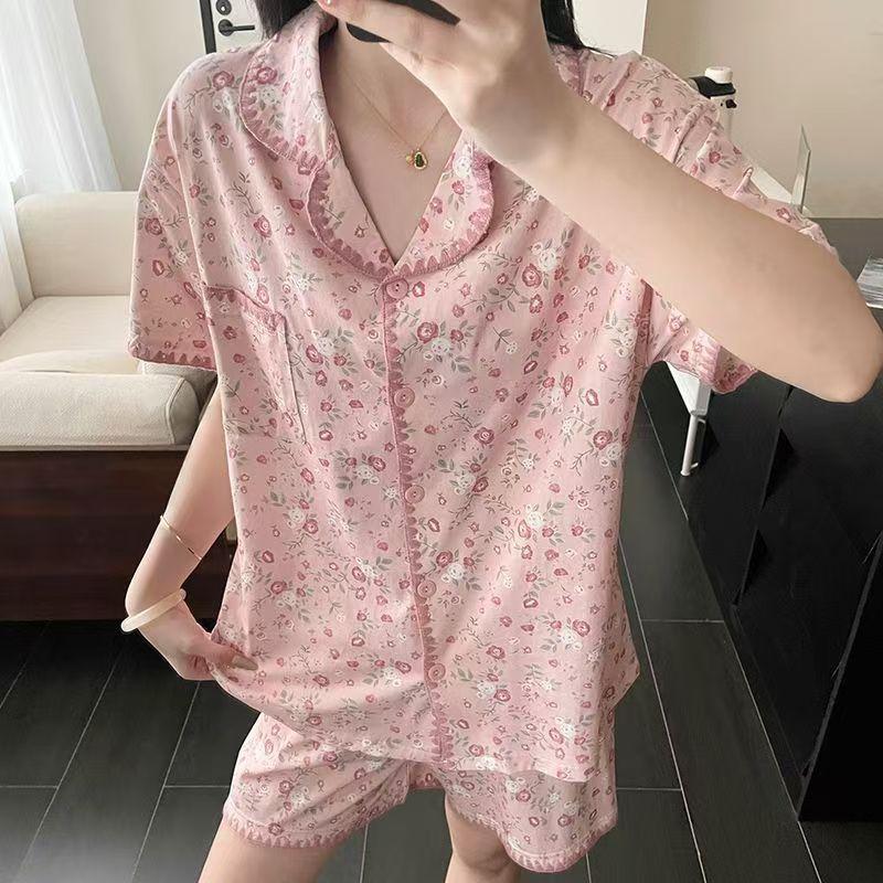 

Full of printed floral Xiaoxiangfeng pajamas women s summer short-sleeved shorts shell edge two-piece set pink girl loungewear S