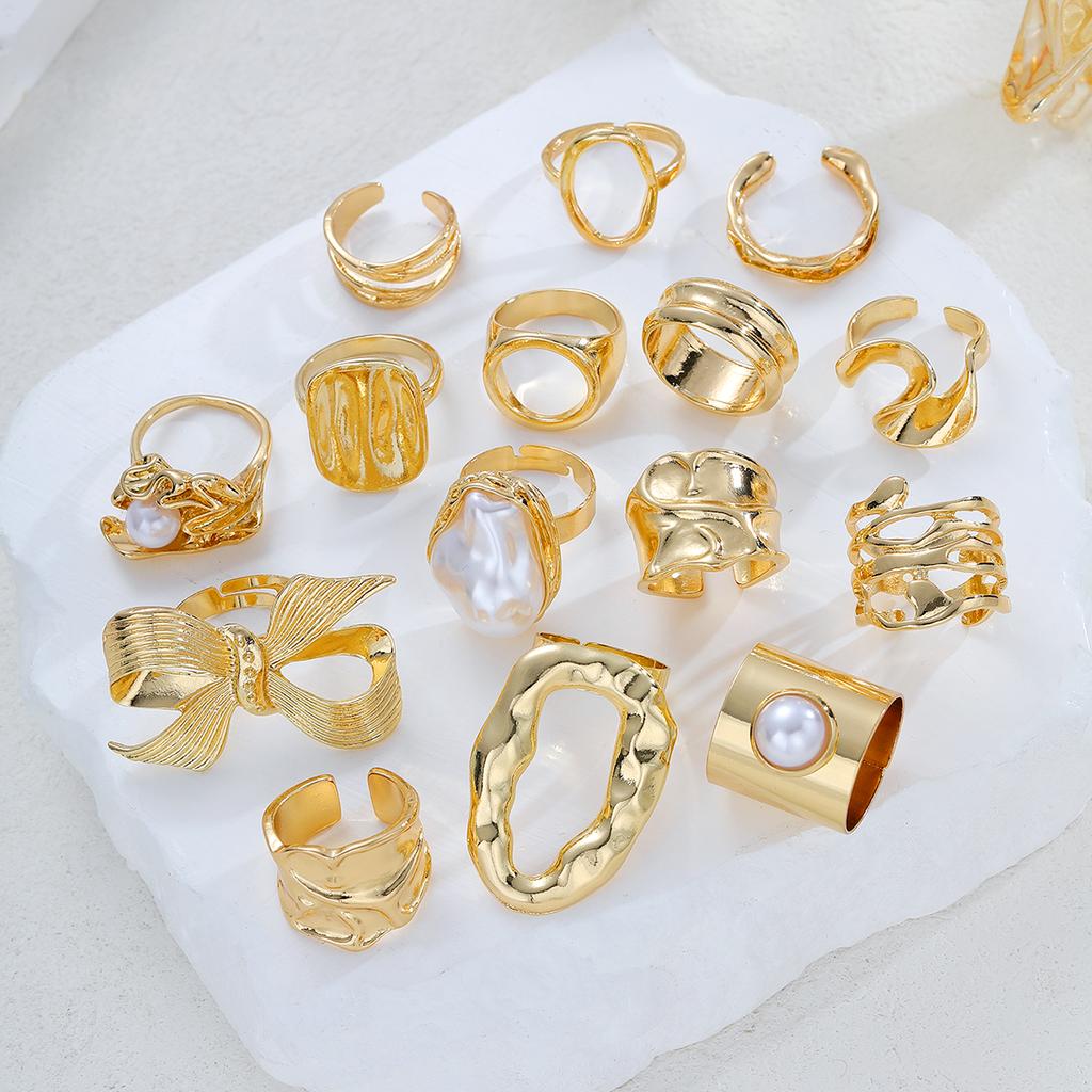 15Pcs Gold Color Bow Pearl Ring Set For Women Irregular Lava Texture Chunky Bow Knot Pearl Inlaid Finger Ring Trendy Jewelry New