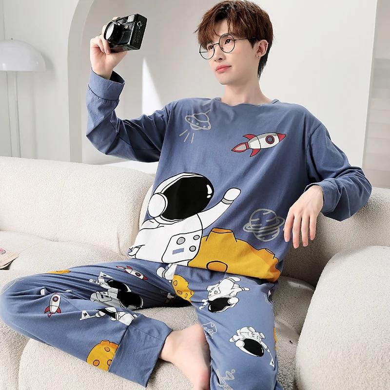 Baumwolle Herren Pullover Nachtwäsche Herbst Frühling Langarm Nachtwäsche 2 Stück Pyjamas Set Männlich