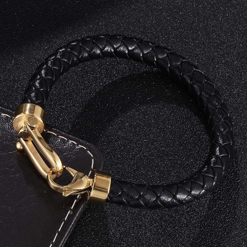Trendy Men's Jewelry Black Braided Leather Bracelet Gold Color Stainless Steel Horseshoe Lobster Clasp Handmade Bracelets SP0760