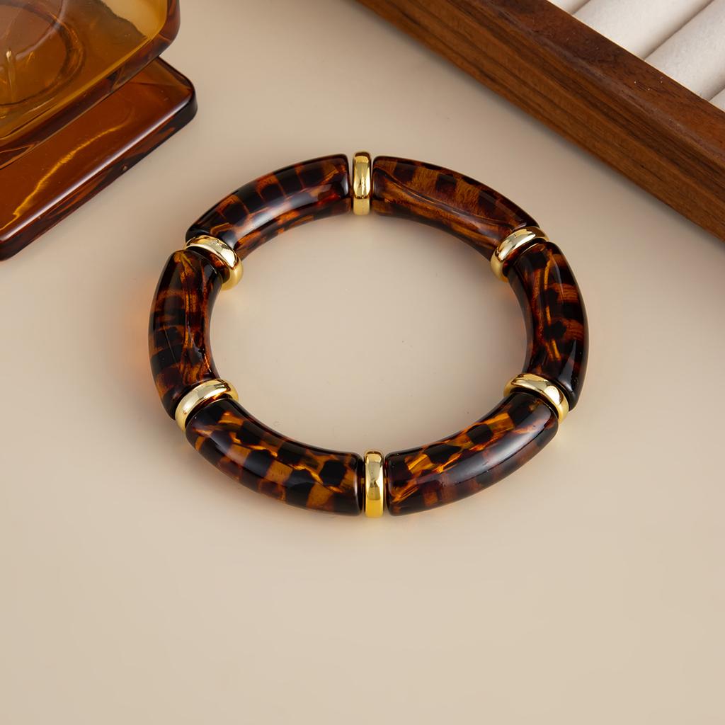 KunJoe 10 Colors Vintage Stackable Leopard Resin Acrylic Bracelets for Women Bohemian Round Tube Beaded Elastic Bangle Bracelet