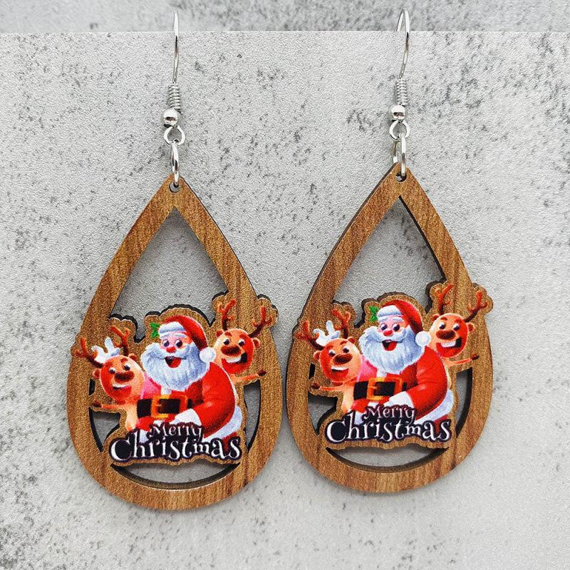 Teardrop Santa Claus Bell Car Red Ornaments: Wooden Christmas Earrings