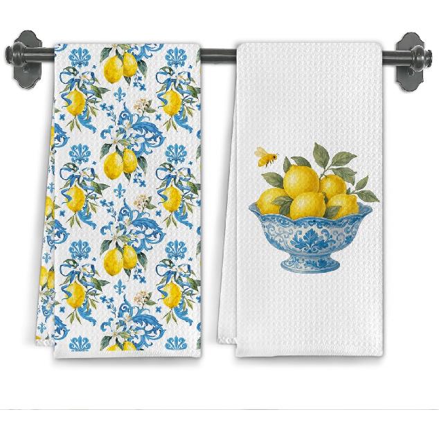 Italian Mediterranean Lemons Kitchen Towels, Capri Amalfi Coast Lemon Party Decorative Dish Tea Hand Towels for Kitchen Bathroom Decor,16x24 Inch Set
