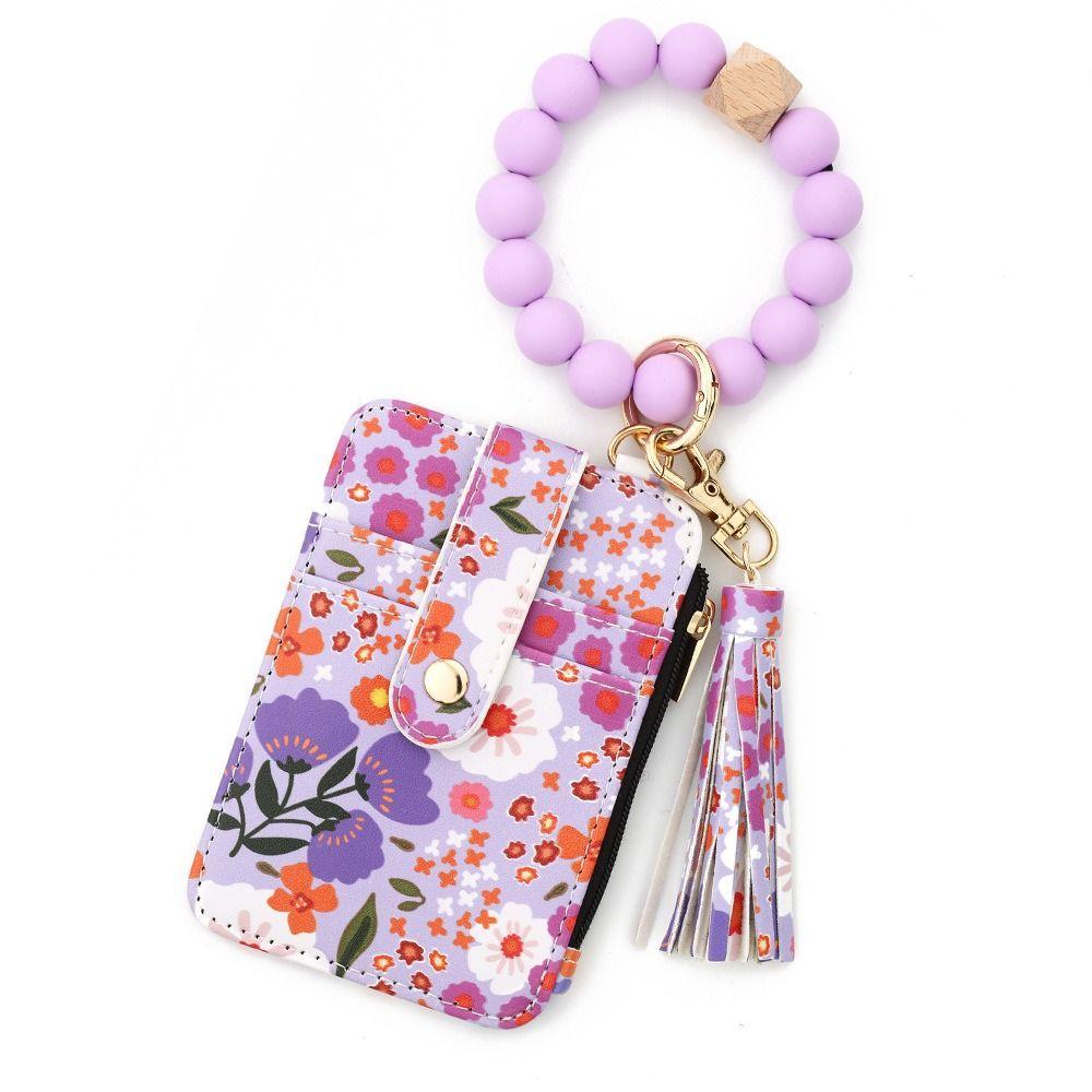 Fragmented Design Silicone Bead Bracelet Keychain Leather Card Bag Keychain  Women's Accessory