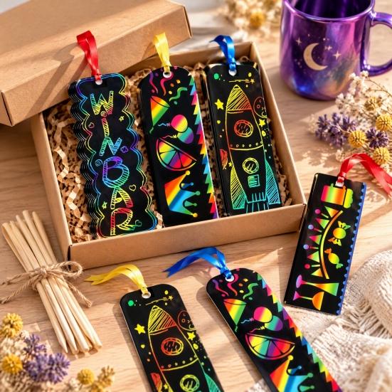 Paper Crafts for Holiday Gifts 12PCS Scratch Art Bookmarks, Thick White Cardboard Creative Rainbow Drawing Paper, DIY Projects Minds Artistic