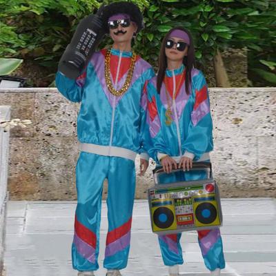 80s Women Tracksuit Set Retro Hip Hop Disco Outfit Color Block Jacket Elastic Waist Pants Set Casual Sportswear