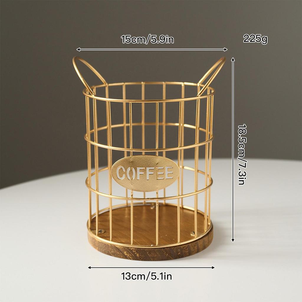 Coffee Pod Holder Coffee Pod Storage Basket Multifunctional Accessory , Golden for Coffee Lover Rustic Pod Container Wood Base
