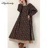 Japanisches Mori-Mädchen Frühling Herbst Damen Midikleid Rüschenkragen Blumendruck Patchwork Retro Kleid Vintage Baumwolle Leinen Stickerei Aushöhlen Kleid