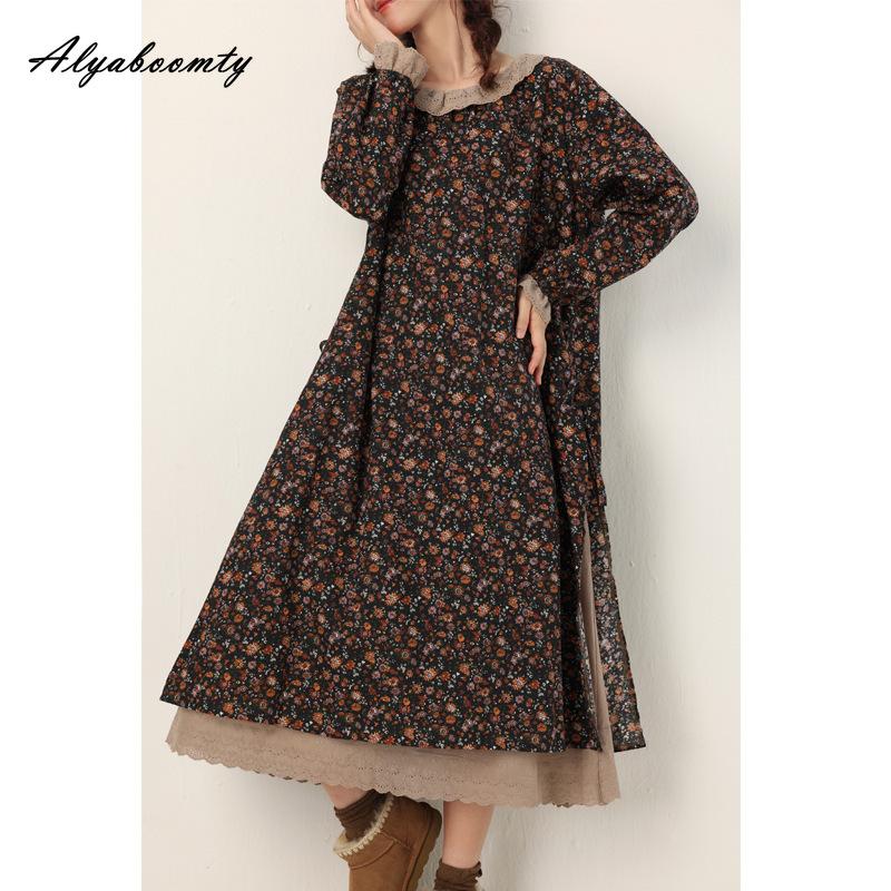 Japanisches Mori-Mädchen Frühling Herbst Damen Midikleid Rüschenkragen Blumendruck Patchwork Retro Kleid Vintage Baumwolle Leinen Stickerei Aushöhlen Kleid