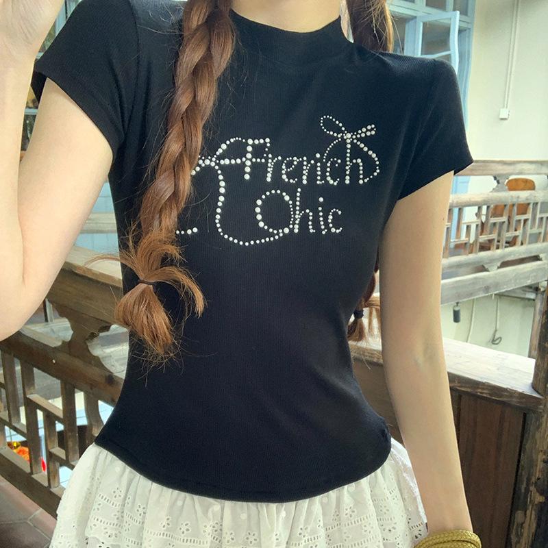 

Women s Slim Fit Black Lace T-Shirt with Bowknot and Hot Drill - Summer 2025 Collection M [Premium Version]