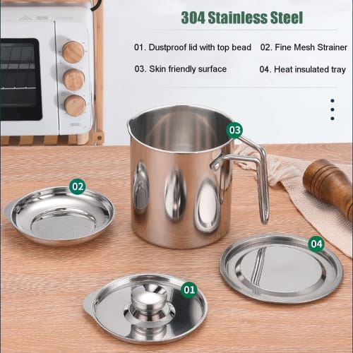 304 Stainless Steel Oil Pot, Home Oil Storage Container with Filter, 1.8L/60.87 Fl Oz, Oil Catch Pot, Kitchen Oil Pot, Oil Drainer