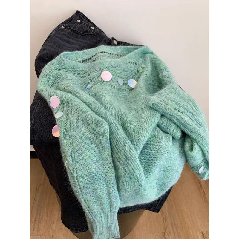 

Ленивый ветер зеленый ажурный свитер из мохера с пайетками женский осенний новый дизайн темпераментный нежный мягкий восковой вязаный свитер one size fits all зелёный