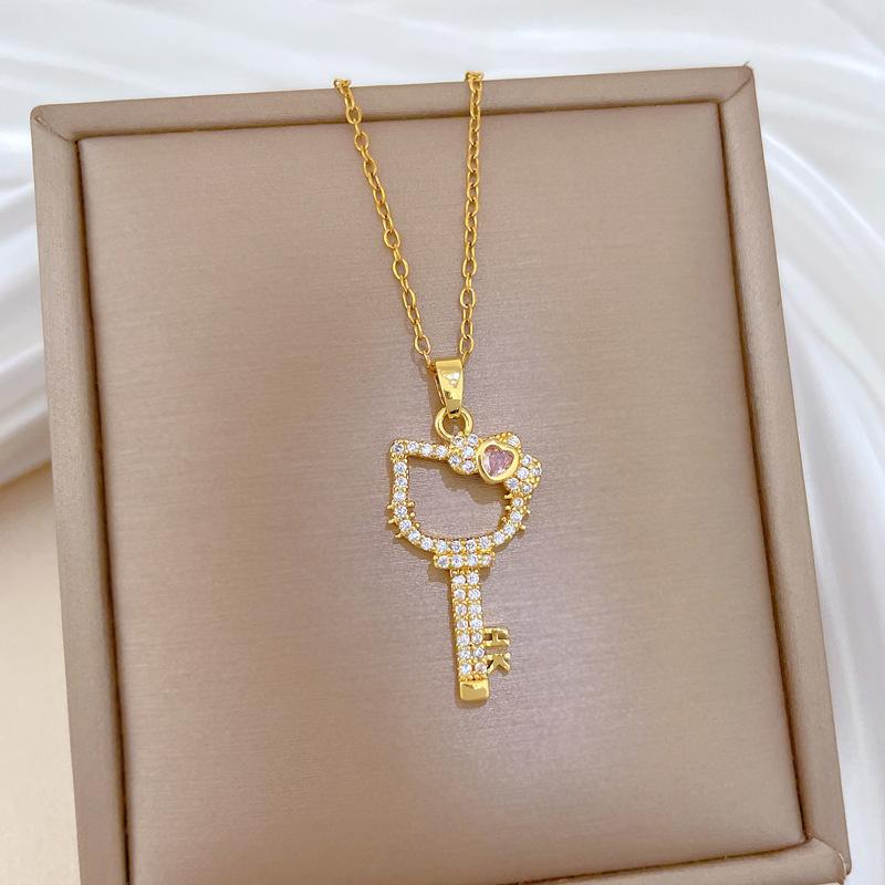 Acciaio al Titanio, Chiave Personalità Gatto, Zircone Temperamento Splendido Collana Interamente Ricoperta di Diamanti, Catena Versatile per Clavicola Femminile, Catena in Acciaio al Titanio
