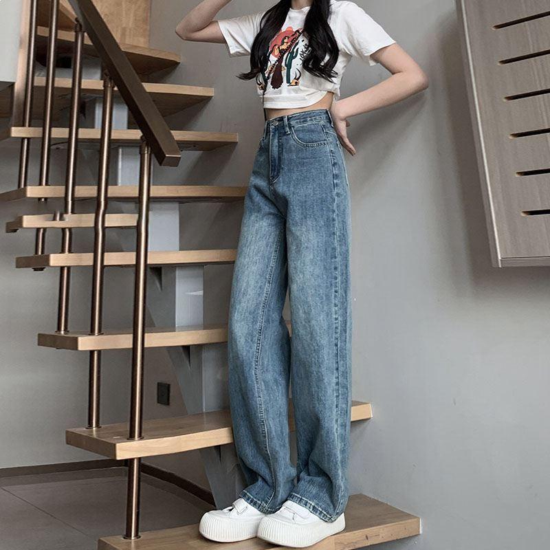 Retro High-Waisted Women's Jeans - Spring/Autumn 2026 Straight Loose Floor-Length Wide-Leg