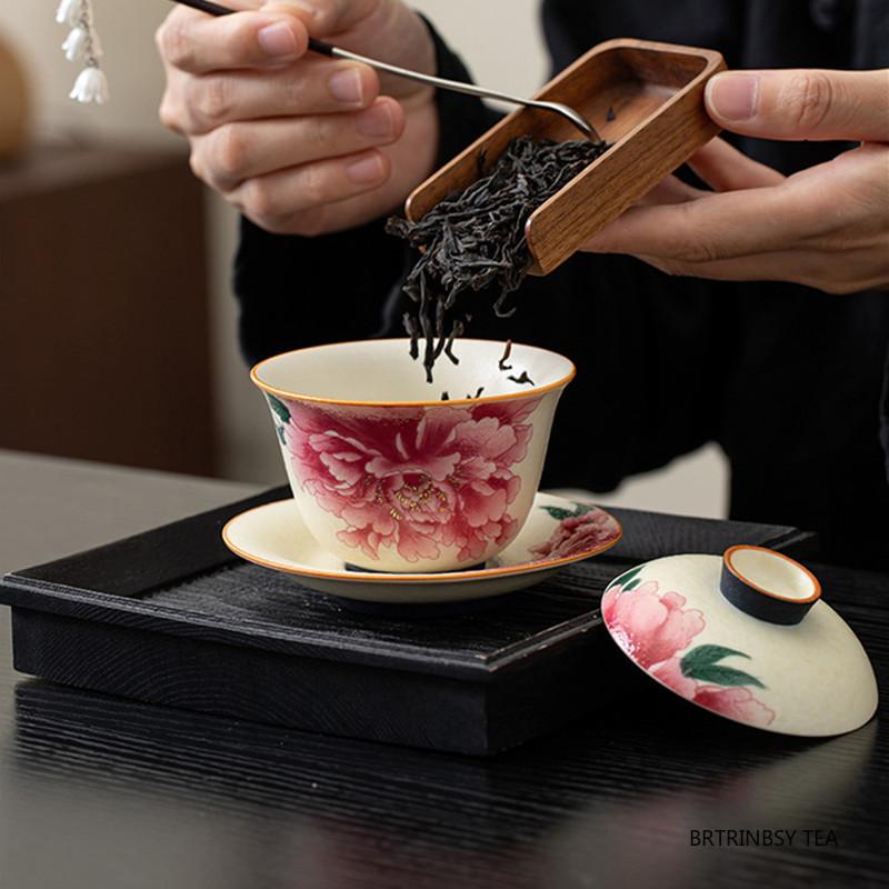 Chinese Traditional Ceramic Gaiwan Household Tea Tureen Handmade Flower Teacup Travel Portable Tea Set Teaware Accessories 110ml
