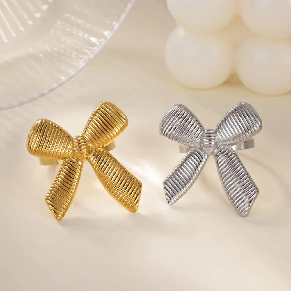 Ribbon Bow Stainless Steel Rings for Women Mama 18K Gold-plated Anti Fading Open Ring Wedding Jewelry Vacation Accessories Gifts