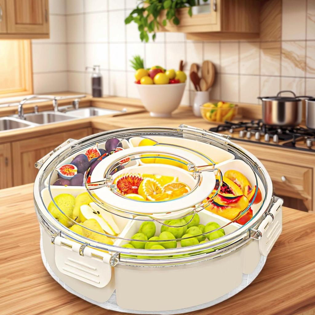 Divided Rotating Serving Tray with Lid and Handle Portable Snackle Box for Fruits Snacks Veggie Charcuterie Clear Snack Spinne