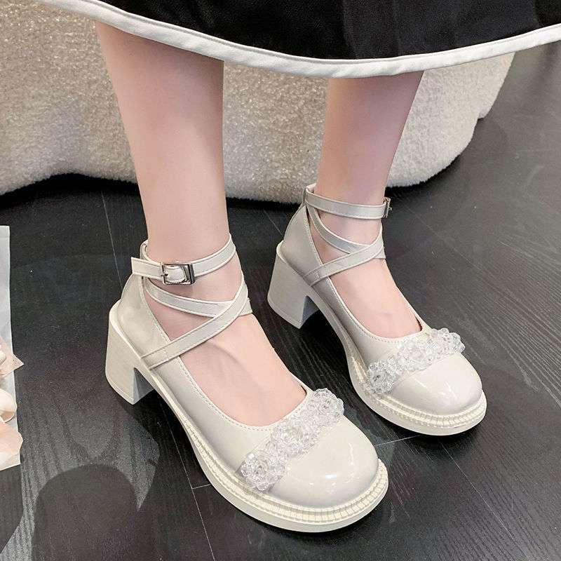 Fairy style Mary Jane shoes girl 2025 new thick heel rhinestone Korean version small leather shoes French strap high heels