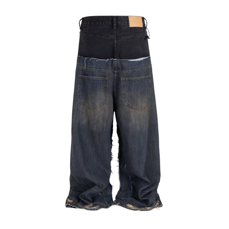Unisex Relaxed Straight Fit Denim Jeans With Dual-Panel Design Water Washed Mid-Rise Casual Trousers