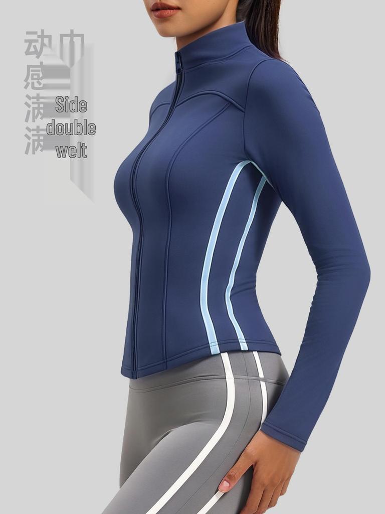 Women's Autumn & Winter Stand-up Collar Yoga Jacket, Waist-cinching Slim Fit, Long-sleeve, Outdoor Sports, Double-stitched Color-block Design.
