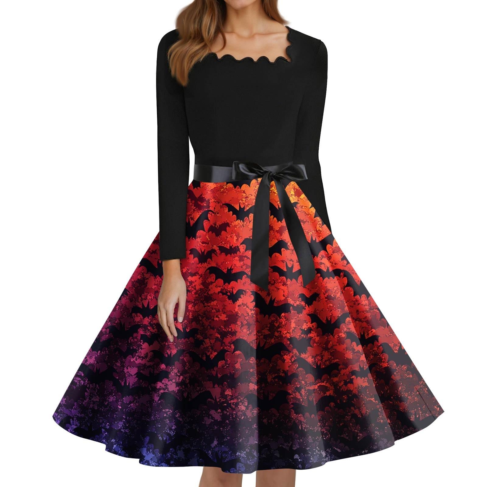 

Women s Fashion Square Neck Casual Slim Halloween Printed Long Sleeve Dresses XXL червоний