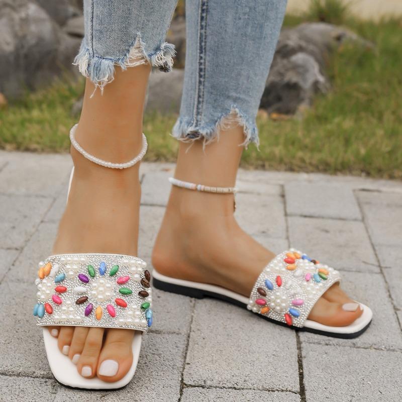 2025 Summer New Large Flat Square Rhinestone Slippers Women's Beach Sandals