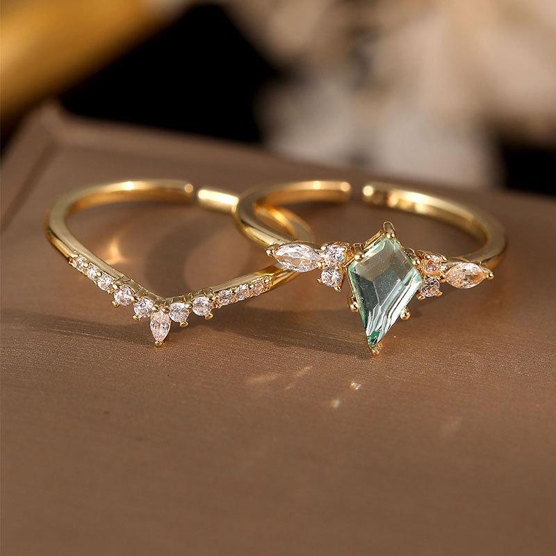 New Fashionable and Popular Water Drop-shaped Green Moss Ring Niche Copper Gold-plated Silver Ring Women s Stack Adjustable opening золотой