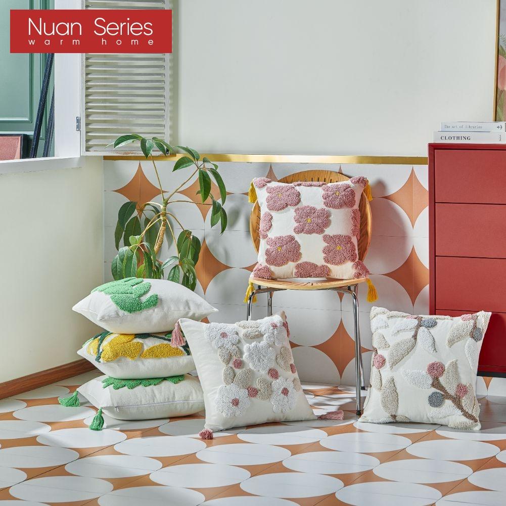 1PC Nuan Series Versatile Floral and Green Leaf Pillowcase 3D Embroidered Cushion Cover for Sofa Living Room Bedroom Home Decor