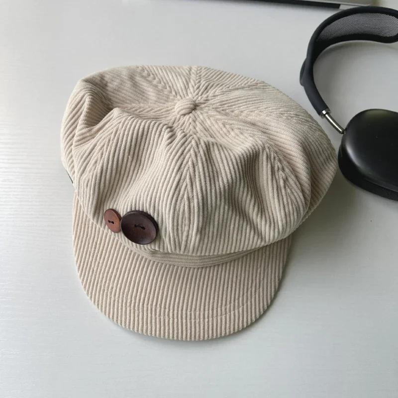 Vintage Corduroy Beret Hat For Women Korean Button Octagonal Cap Autumn Winter Painter Artist Hats Japanese Brown Peaked Caps