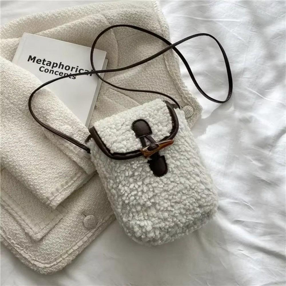 

New Fashion Winter Lambswool Phone Bag Faux Fur Portable Women Wallets Square Purse Sweet Lovely Shoulder Bags белый