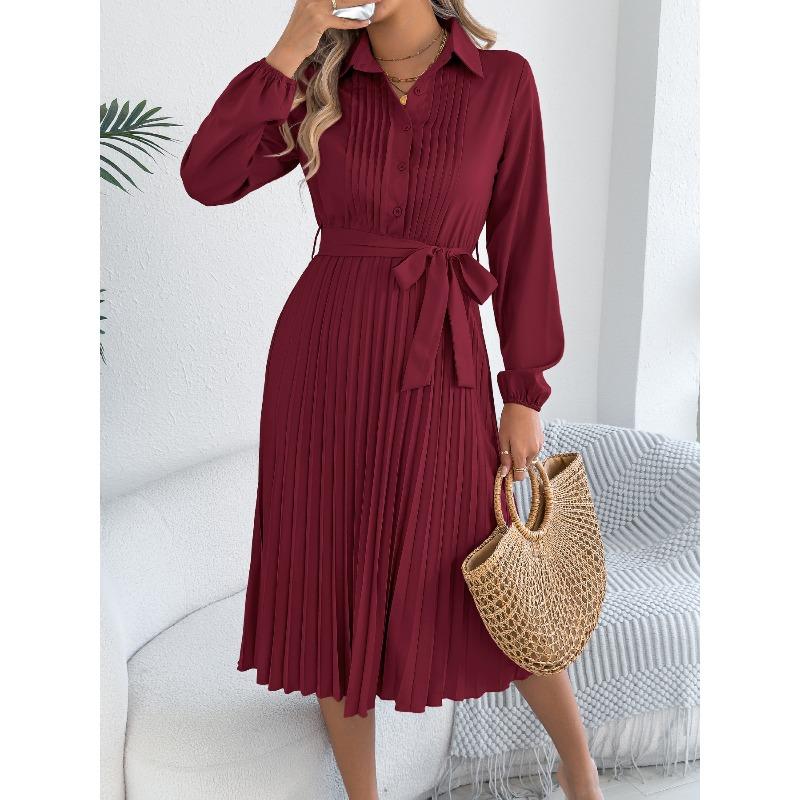 Spring and Summer Elegant Solid-color Collared Long-sleeved A-line Wrap Dress for Women