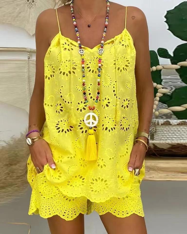 European-American Sleeveless Ruffle Camisole & Embroidered Shorts Set - 2023 Collection