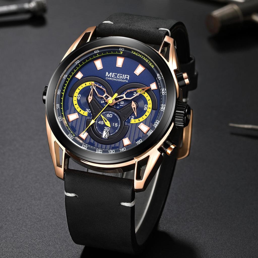 Megir Rose Black Luxury Chronograph Men Watches with Leather Strap
