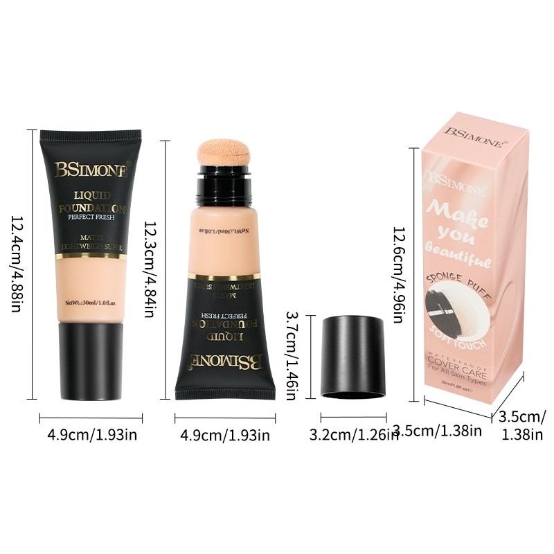 Bsimone Coverage Foundation Long-Lasting Oil Control Waterproof Liquid Foundation Matte Finish Concealer With Sponge Brush Head