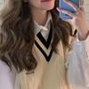 Pletený svetr v preppy stylu Vesta s výstřihem do V Korejská móda Mládežnický svetr bez rukávů Ležérní Bílý svetr Žena