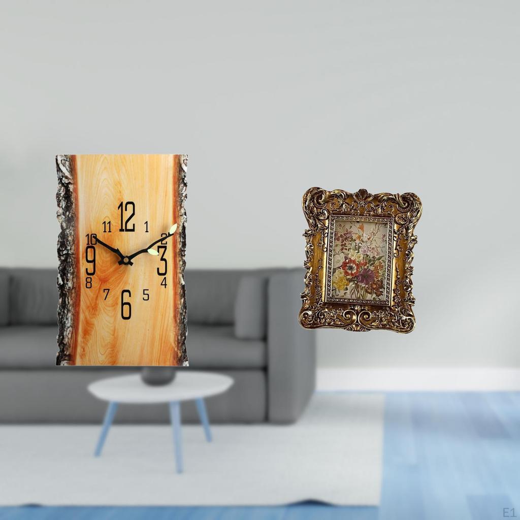 Hand Carved Simulated Tree Stump Wall Clock with Floral Photo Frame Arabic Numerals Silent