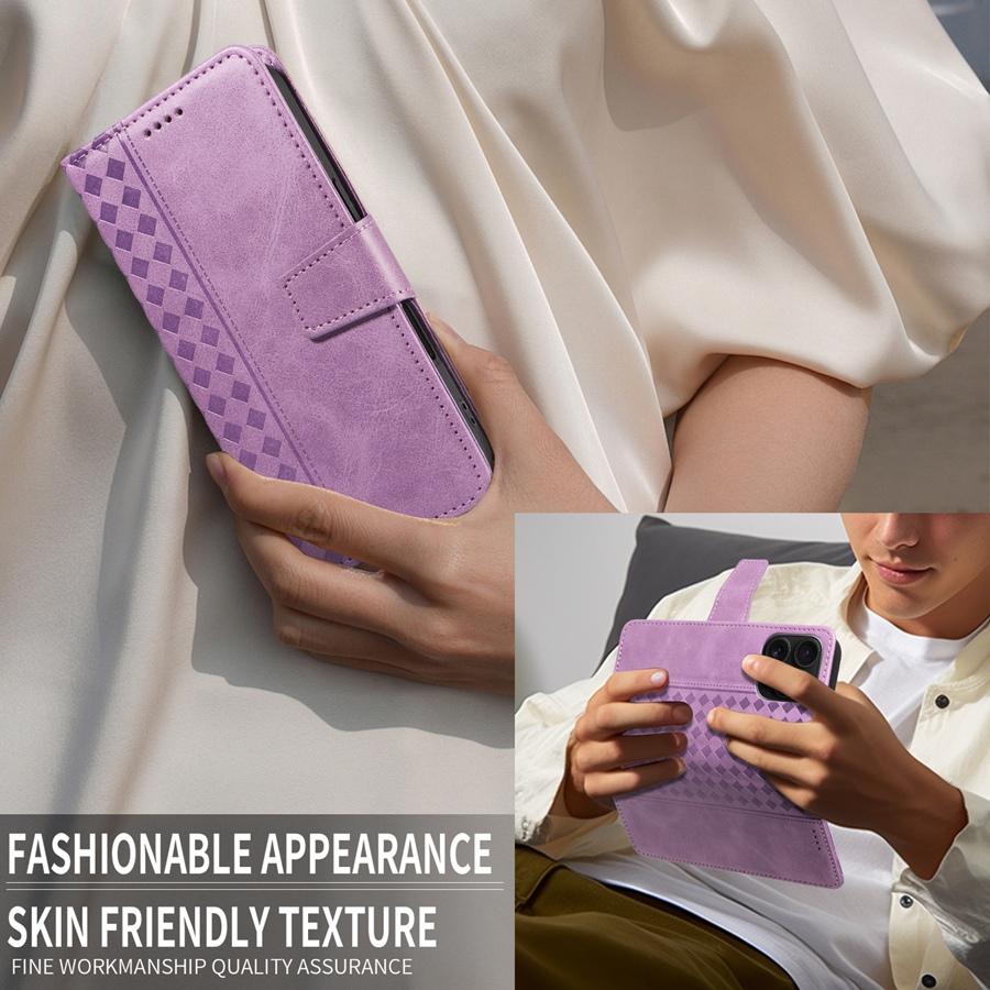 Solid Color Luxury Embossed Geometric Card Holder Wallet Case for iPhone/Samsung/Xiaomi Magnetic Buckle Phone Case Hand-strap Flip Cover