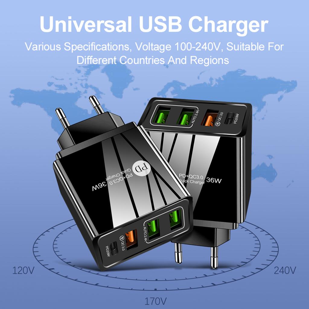 36W PD Quick C-harger F-ast Chargring Adapter with 3 USB Chargeing Port Travel C-hargers Portable