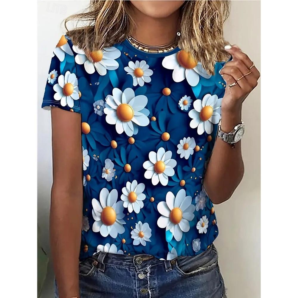 Summer Fashion Women Beautiful Flowers Stylish Printed Casual Short Sleeved Crew Neck Round Neck Regular