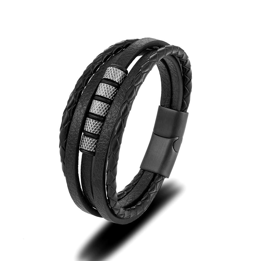 Stainless Steel Beaded Bracelet Punk Men's Classic Multilayer Braided Leather Bracelet Black Buckle Homme Pulseras