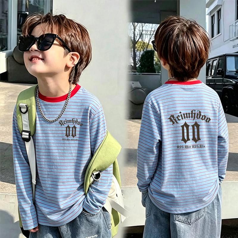 Korean Style Boys' Striped Long-Sleeve T-Shirt - 2026 Spring/Autumn New Arrival for Medium/Large Kids Casual Trendy Top
