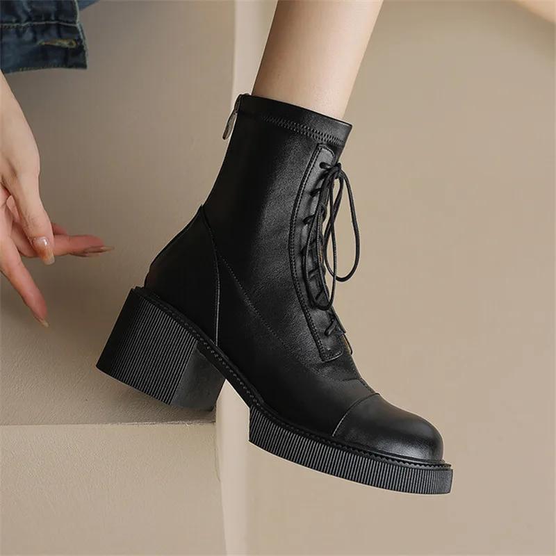 Fashion 2025 Autumn Winter Split Leather Women Boots Round Toe Lace Up Short Boots for Women Chunky Heels Boots Zapatos Mujer High Heels
