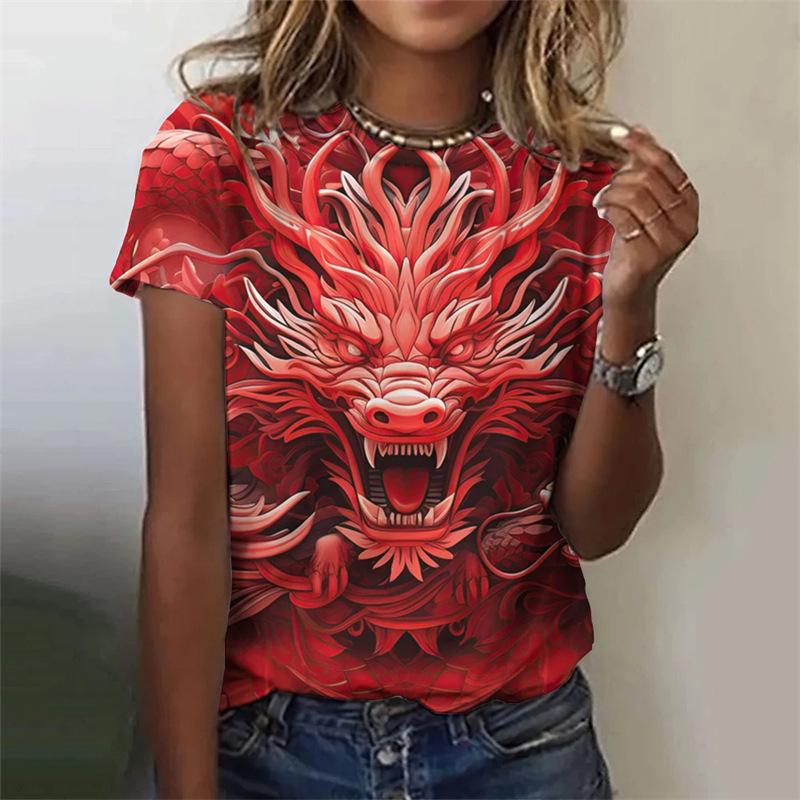 Round Neck 3D Dragon Printed Top Fashionable Casual Short Sleeved Women's T-shirts - Soft Medium Stretch Polyester Fabric Summer Relaxed Fit Clothing