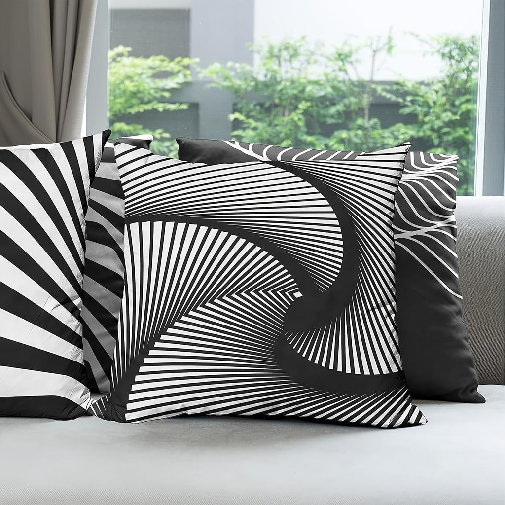 4Pcs, Contemporary Throw Pillow Cushion Case Pack, Monochrome Optical Illusion Themed Funny Quirky Geometric Ornaments, Charcoal
