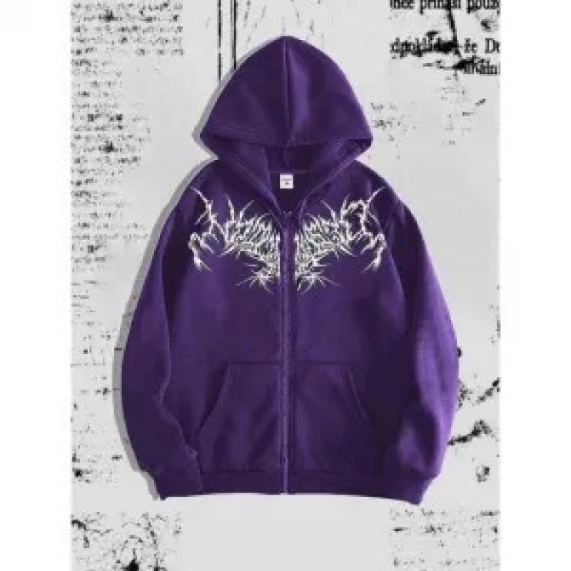 Unisex Gothic Y2K Skull Butterfly Print Hooded Zip-Up Sweatshirt Loose Fit Streetwear Fall