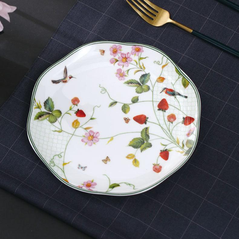 Wild Strawberry Bone China Tableware Set: Ceramic Bowls, Plates, Coffee Cups, and Tea Accessories.