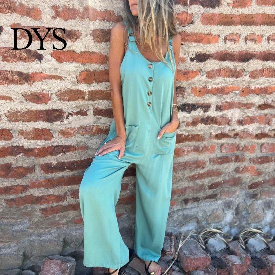 Suspenders Jumpsuit Summer Women V Neck Sleeveless Loose Wide Leg Button Decor Pure Color Deep Crotch with Side Pockets Casual Vacation Homewear