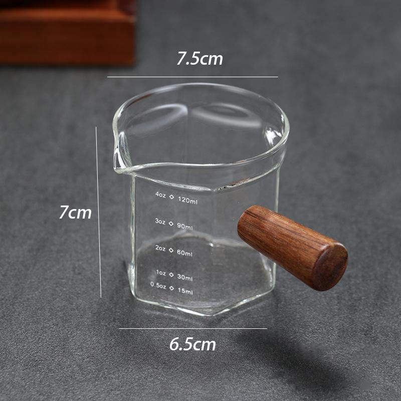 120 ml Glas Espresso Messbecher mit Holzgriff Sechseck Milchkännchen Kaffeezubehör Saucenbecher Servierkännchen Küche Zuhause Café