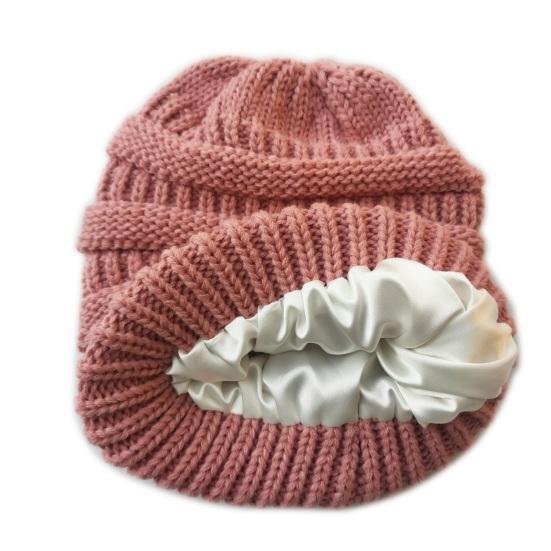 Yousheng Women Knitting Hat Solid Color Ear Protection Thickened Warm Satin Lining Pile Hat Winter Outdoor Riding Headgear